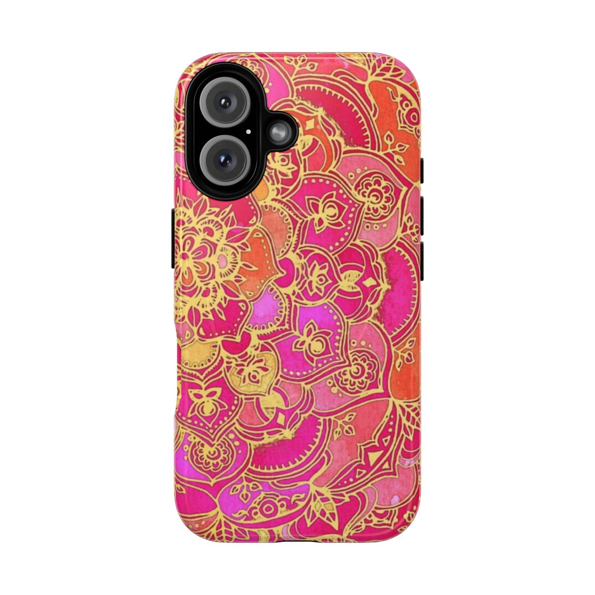 Vibrant hot pink and gold floral pattern phone case with a magnetic tough design.