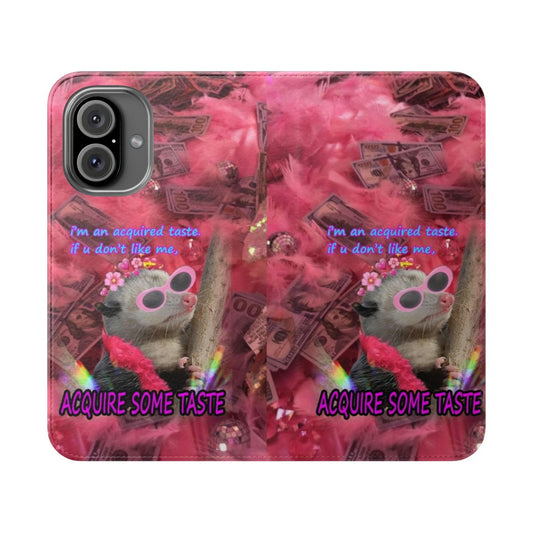 A vibrant and playful flip cover phone case featuring a possum or opossum design with sassy elements like feathers and sunglasses.