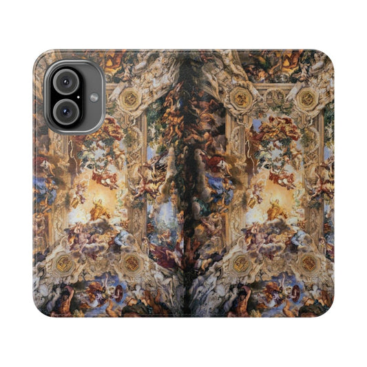 Flip phone case cover with a Renaissance-style painting of gods and angels on a mural or fresco ceiling.