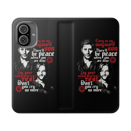 Supernatural-inspired flip phone case with illustrations of the Winchester brothers, Castiel, and other iconic elements from the TV show.