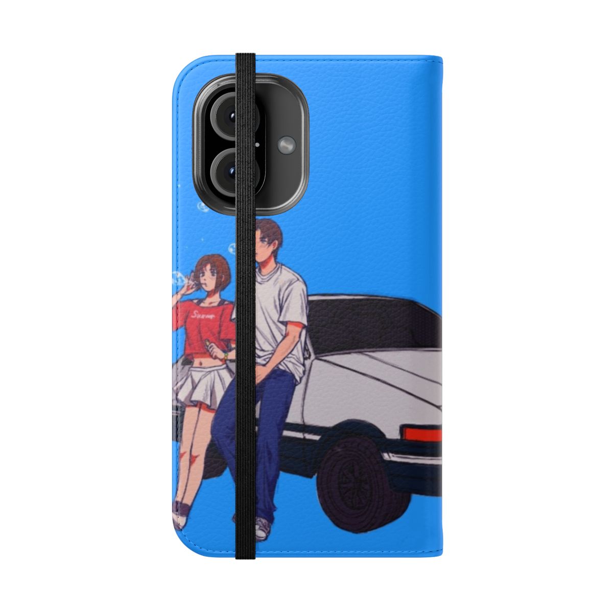 Anime-themed Initial D Takumi and Natsuki flip cover phone case featuring the iconic AE86 car - Folded Front