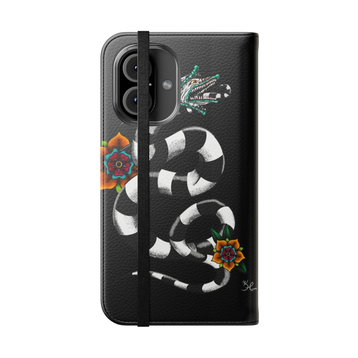 A black and white flip cover phone case featuring a spooky, gothic-inspired design with a snake-like creature. - Folded Front