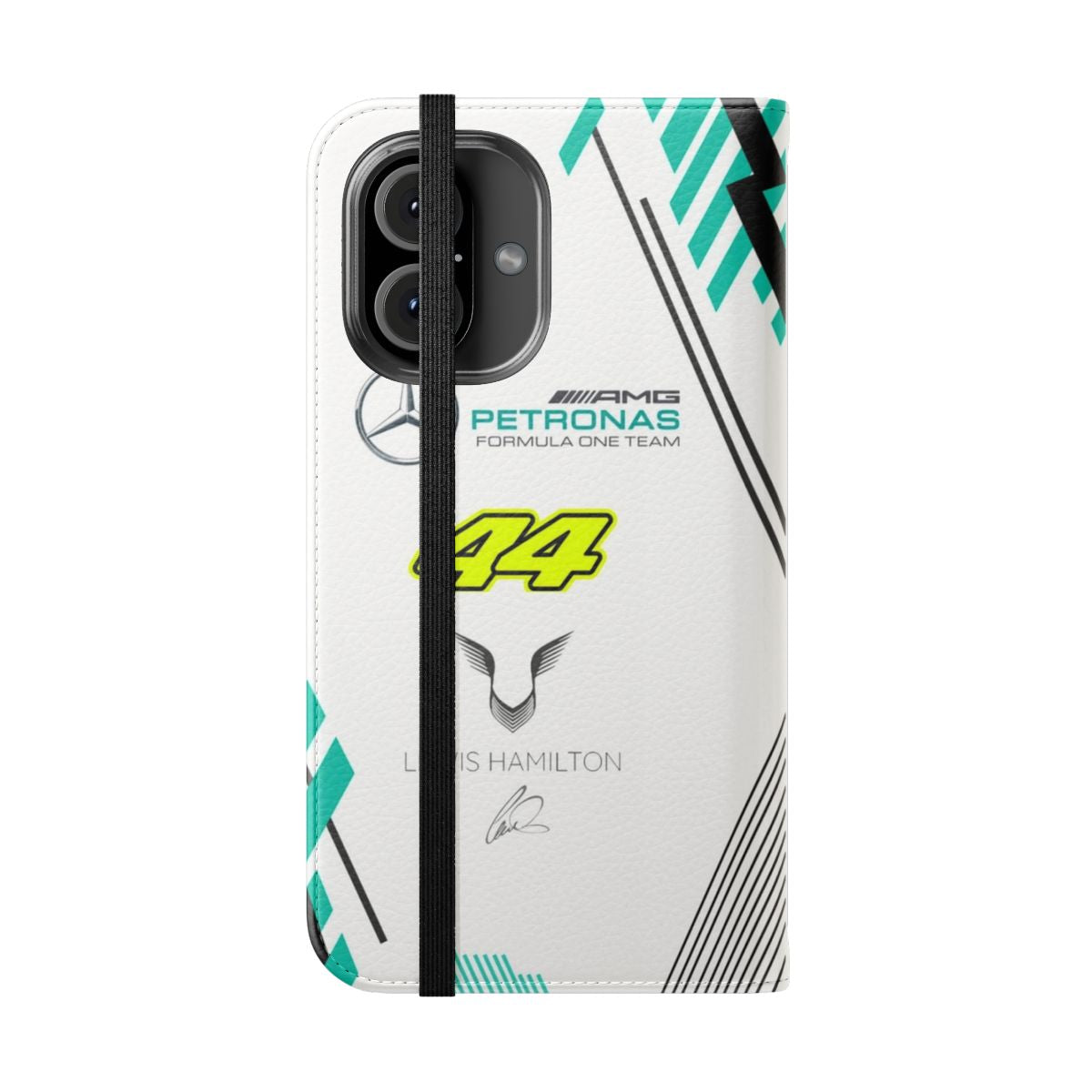 Sleek white flip phone case with a stylish Formula 1 inspired design featuring Lewis Hamilton's iconic #44. - Folded Front