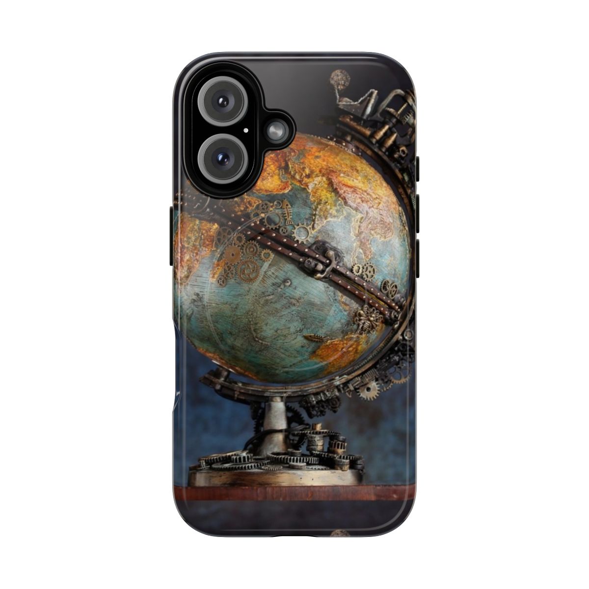 Steampunk-inspired vintage world map phone case with gears and blue tones