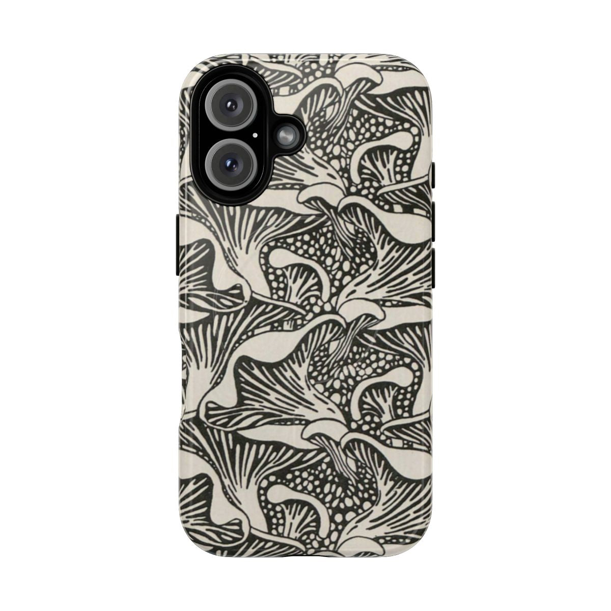 Vintage-inspired art nouveau style phone case featuring a whimsical mushroom pattern