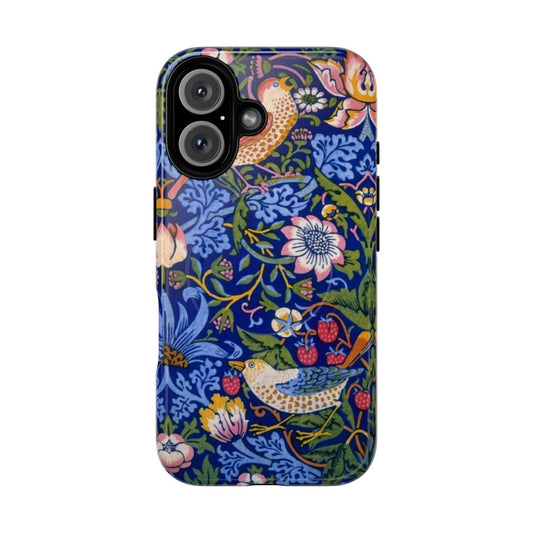 Magnetic phone case with William Morris "The Strawberry Thief" red and green floral pattern