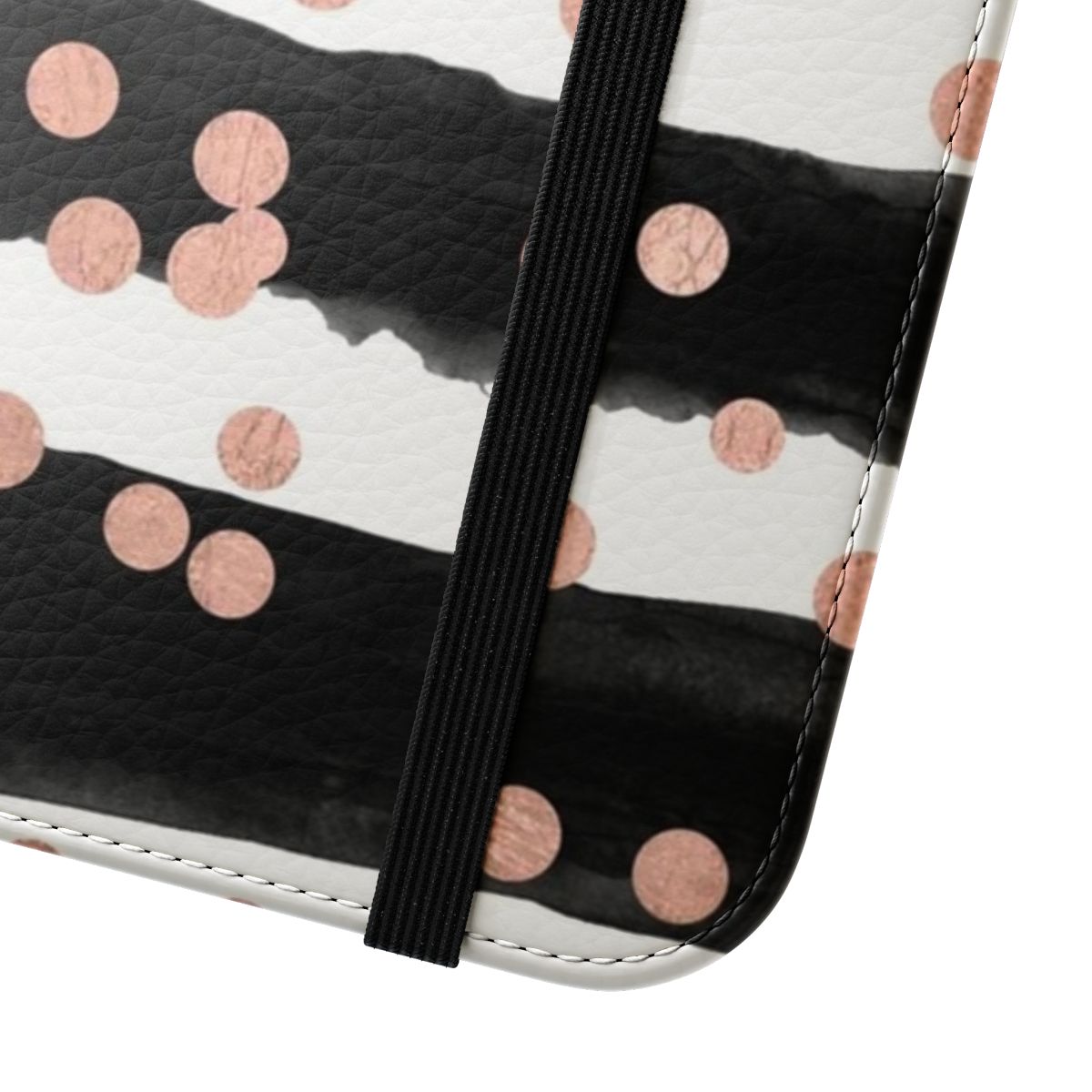 Rose gold confetti and black watercolor stripes pattern on a protective phone case - Close Up