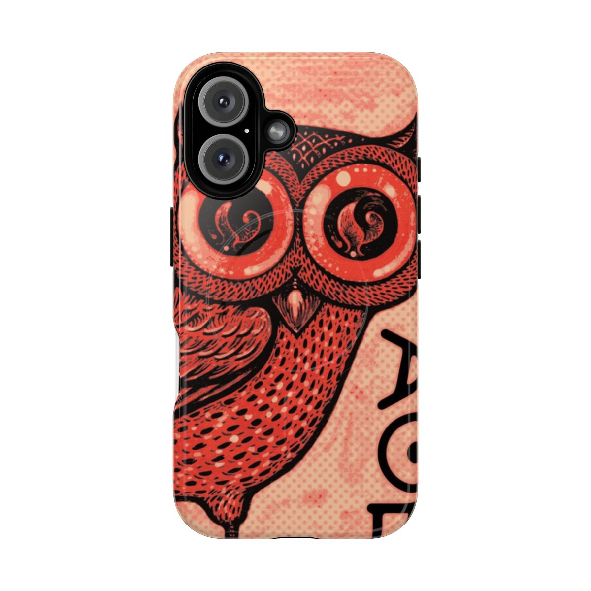 Artistic illustration of an owl, the symbol of the Greek goddess Athena, on a sleek phone case.