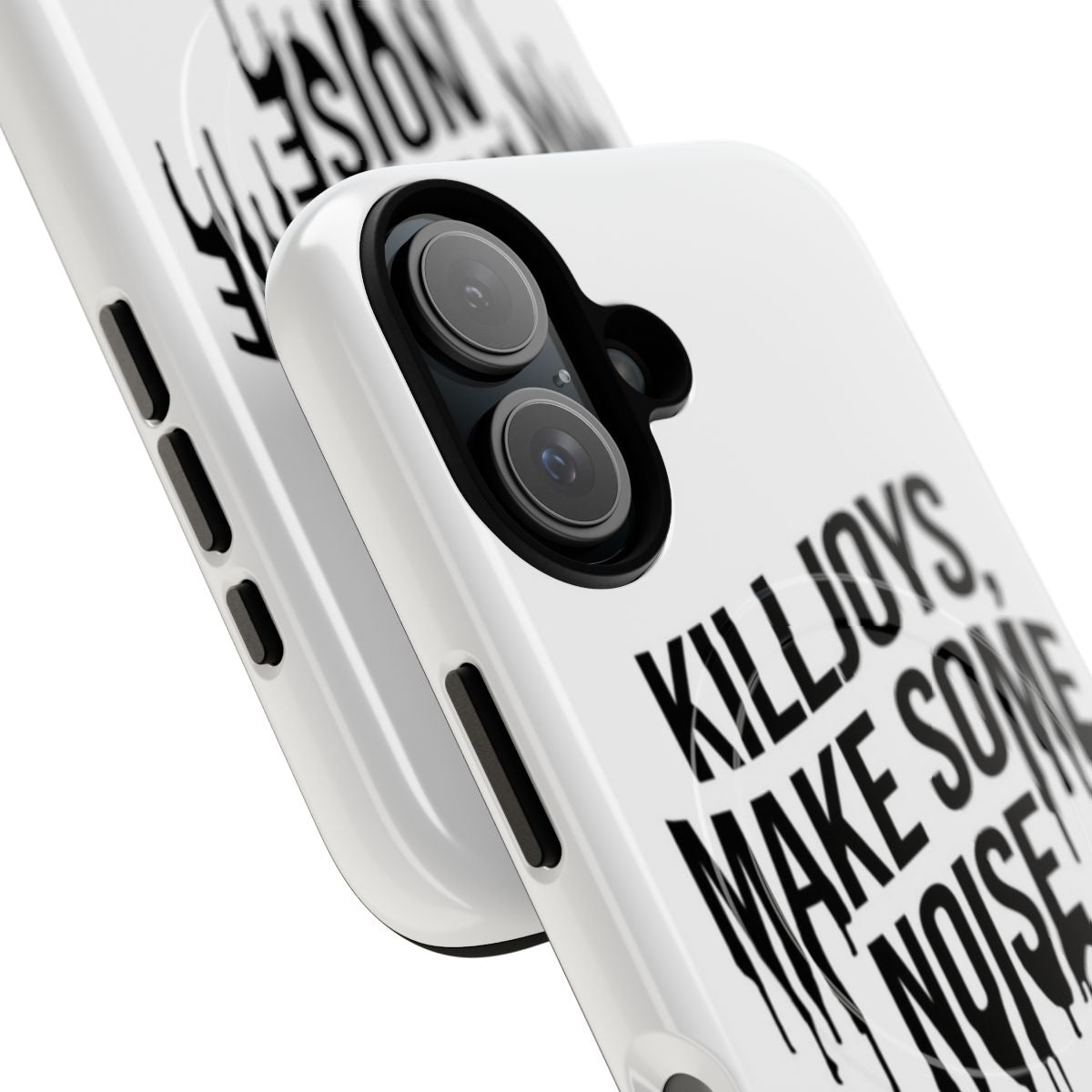 Black and white drip text design on a durable phone case - Detail