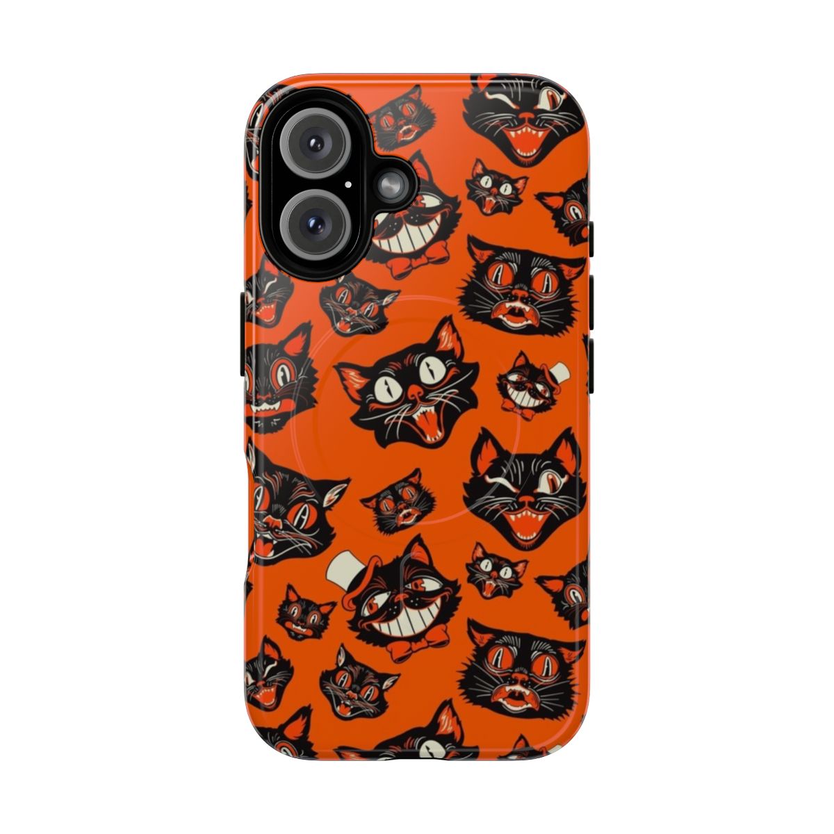 Vintage style Halloween black cat faces pattern on an orange background tough phone case