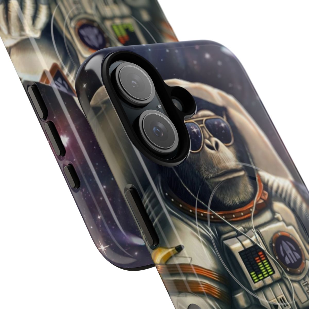 Space-themed phone case featuring a monkey astronaut against a starry background - Detail