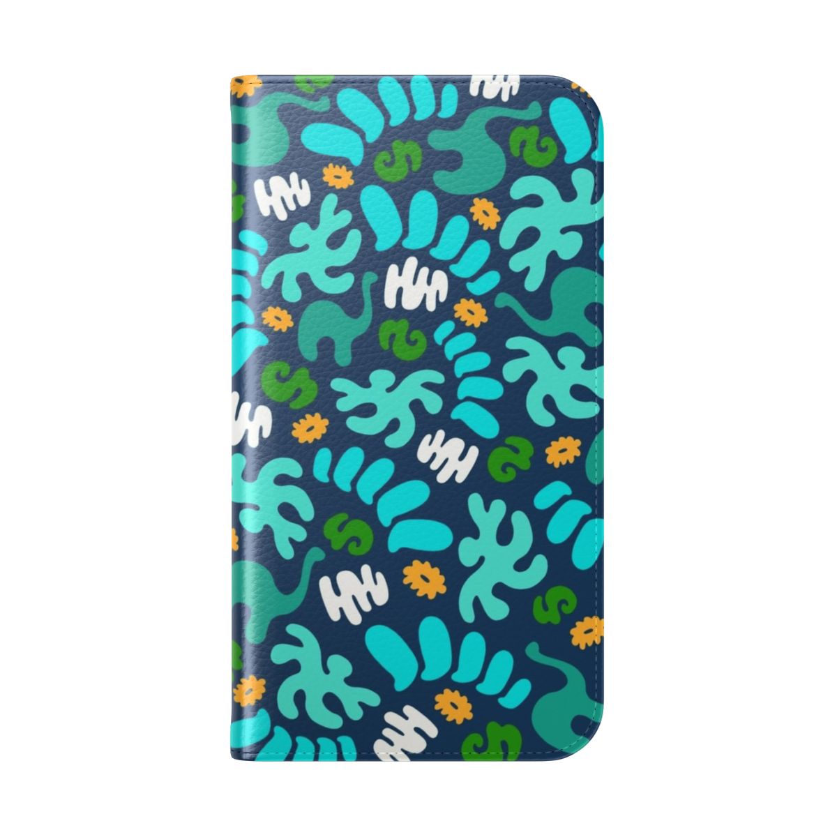 Colorful prehistoric pattern phone case with dinosaurs, cavemen, and floral designs - Folded Back