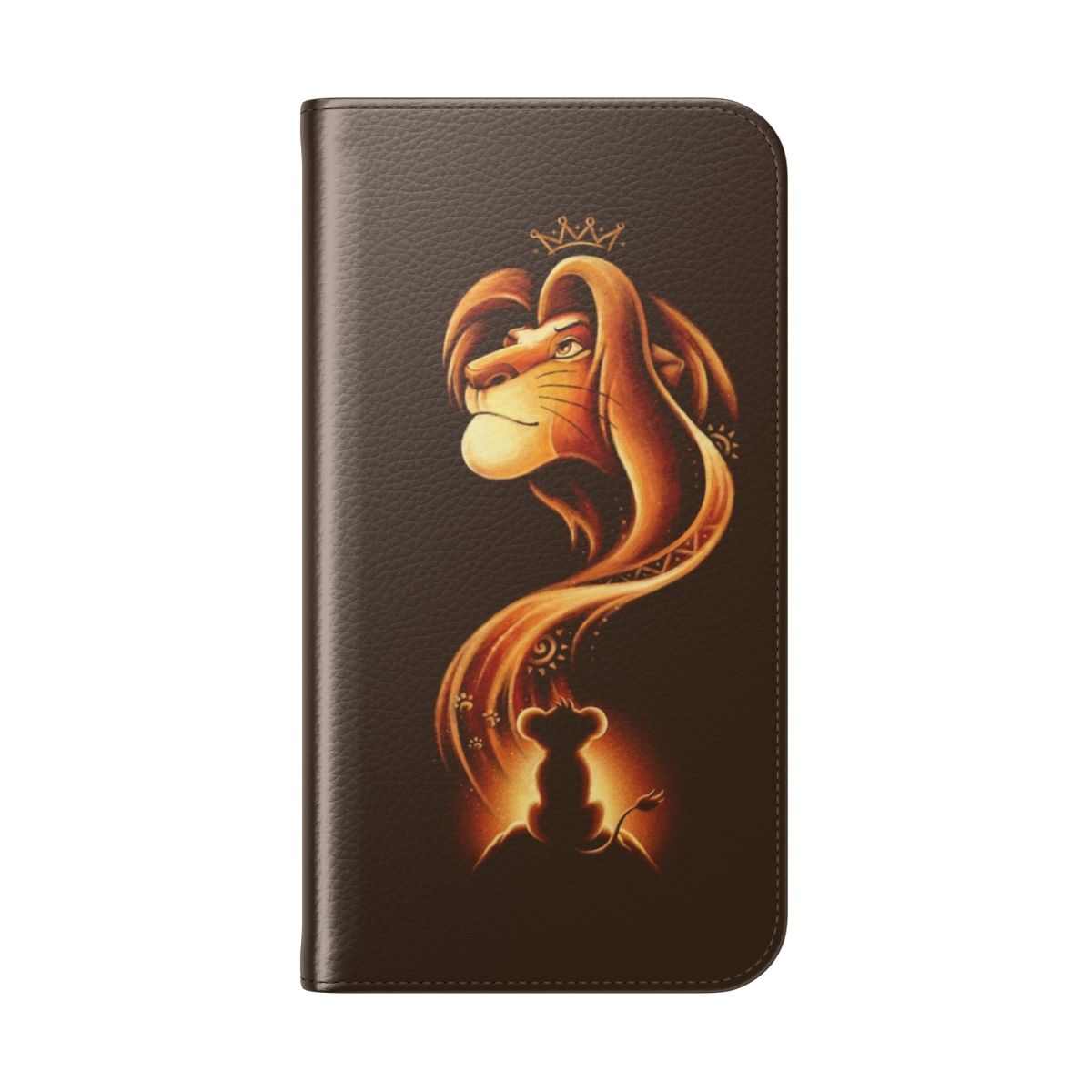 A flip cover phone case with a lion design, featuring the iconic character Simba from The Lion King. - Folded Back