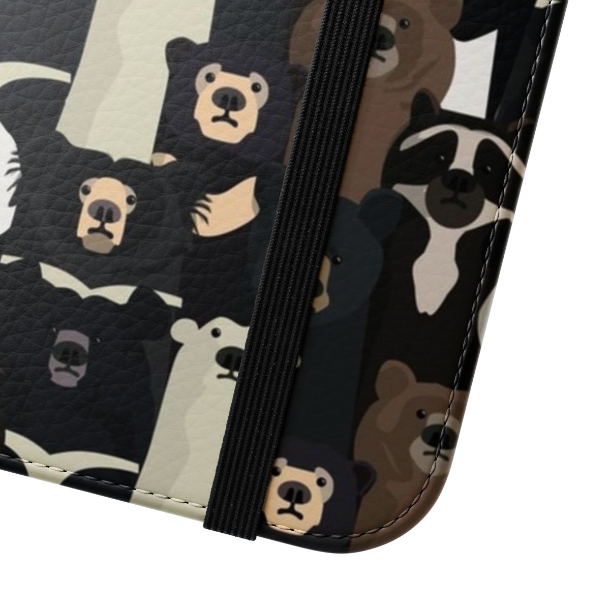 Colorful flip cover phone case featuring a vibrant pattern of various bear species and wildlife. - Close Up