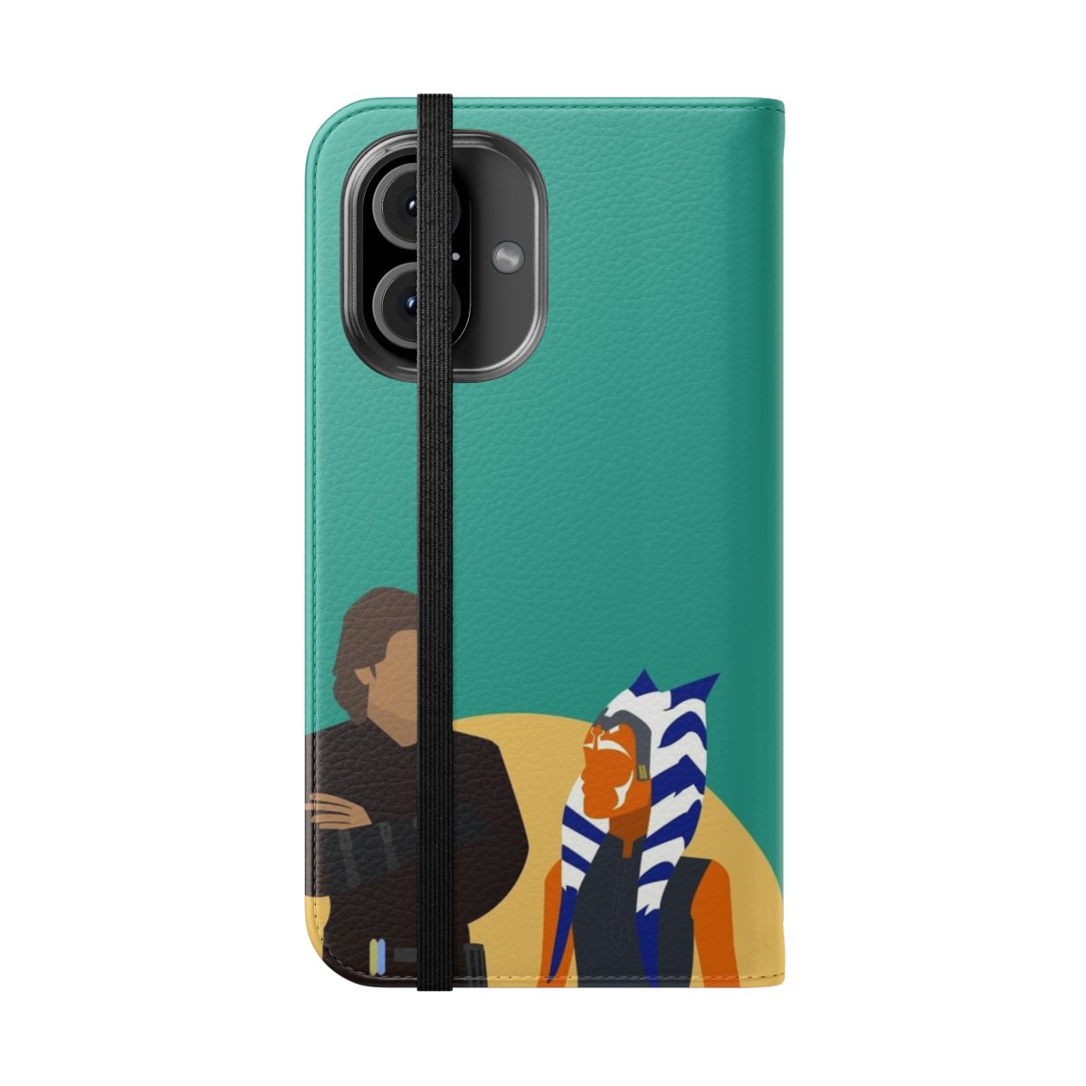 A high-quality flip cover phone case featuring an artistic design inspired by the Star Wars characters Ahsoka and Anakin. - Folded Front