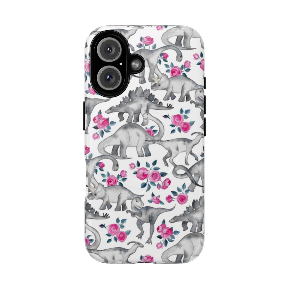 Colorful watercolor design featuring dinosaurs and roses on a white magnetic phone case