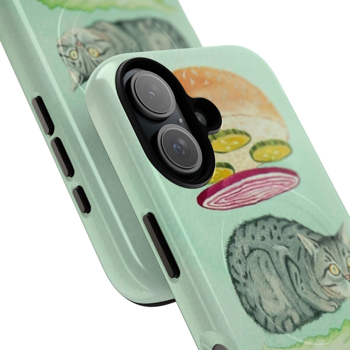 A magnetic tough phone case featuring a whimsical cat burger design. - Detail