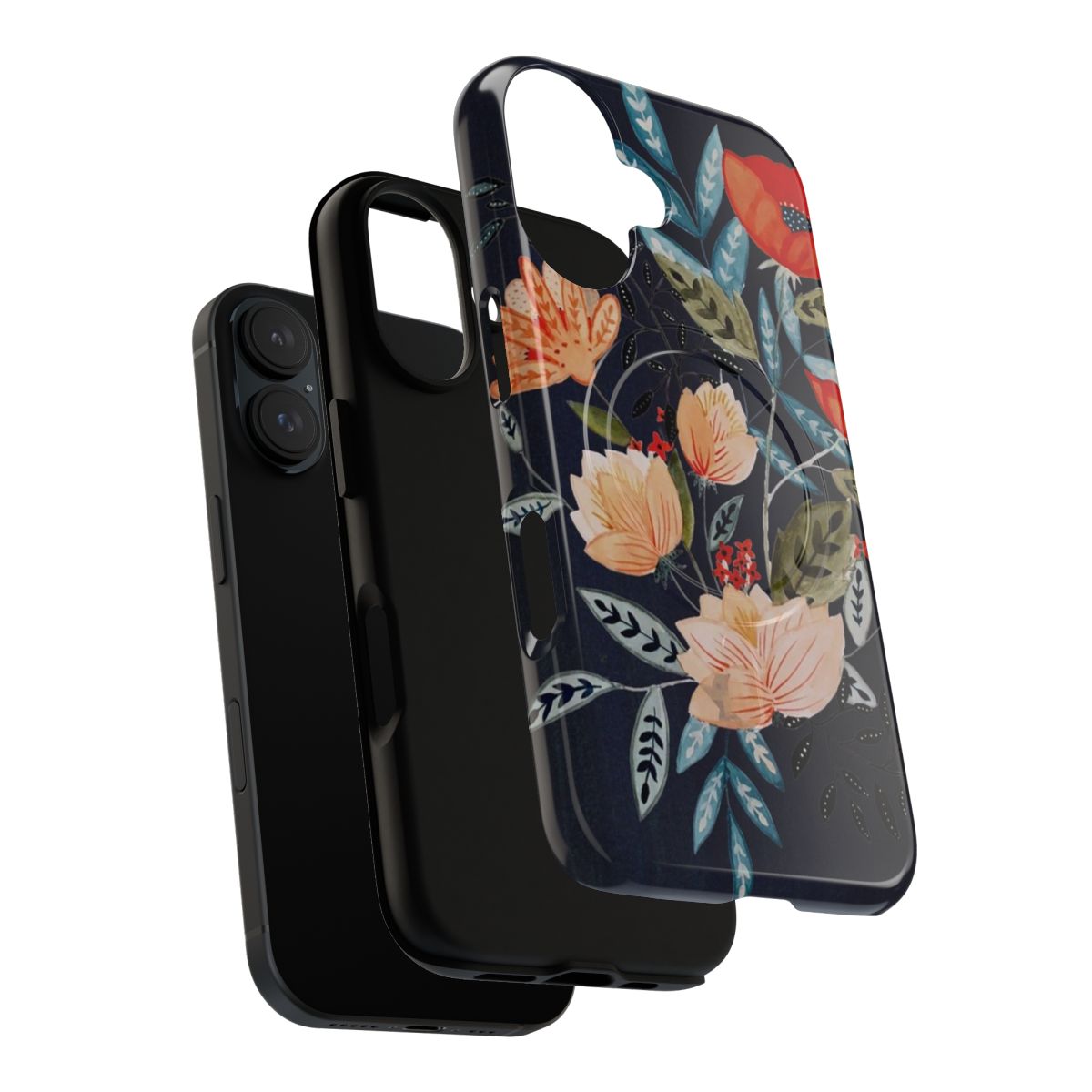 Midnight blue and navy botanical floral phone case with delicate flowers, leaves, and a whimsical bouquet design. - Layers