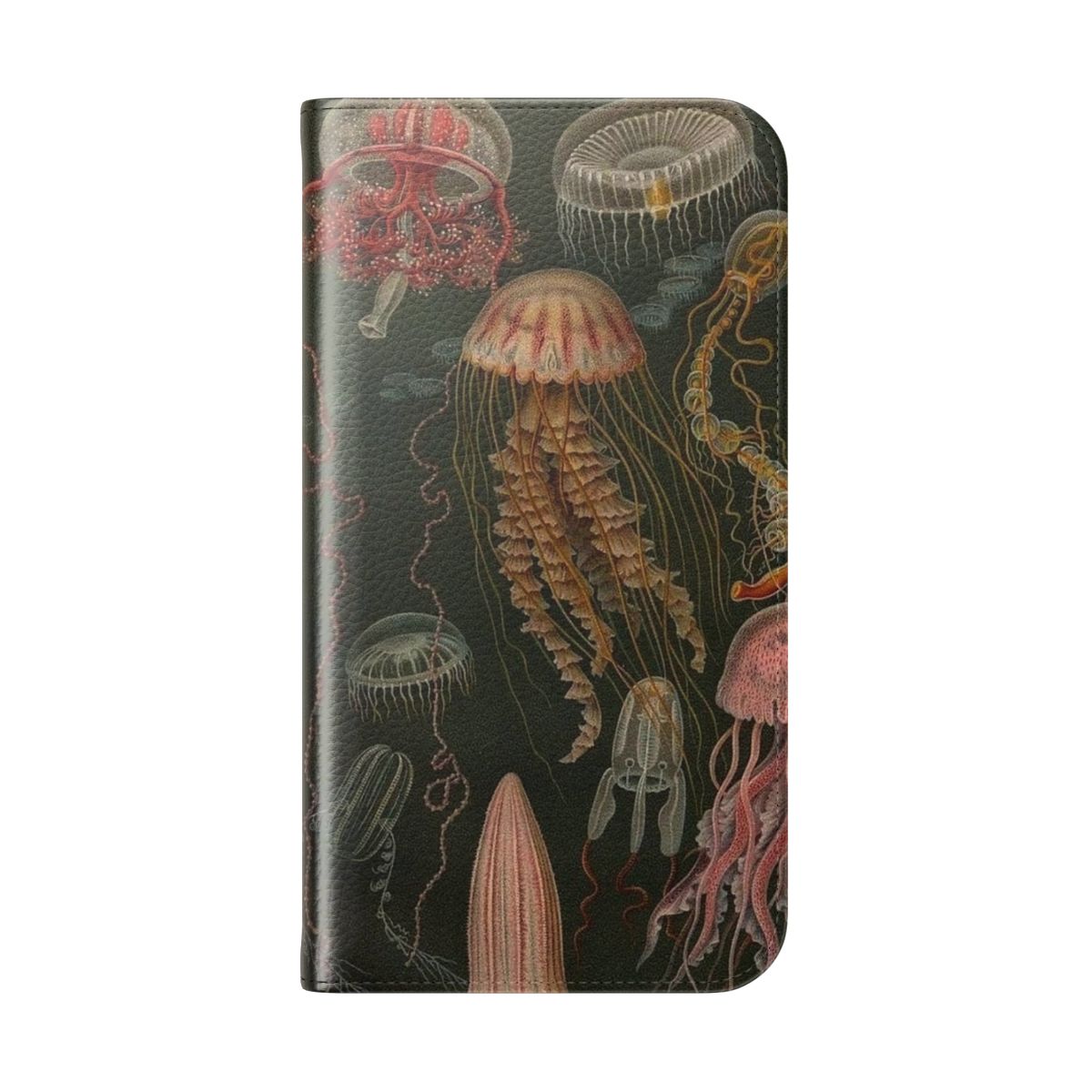 A dark, mysterious phone case cover featuring a graphic design of a glowing jellyfish swimming underwater. - Folded Back