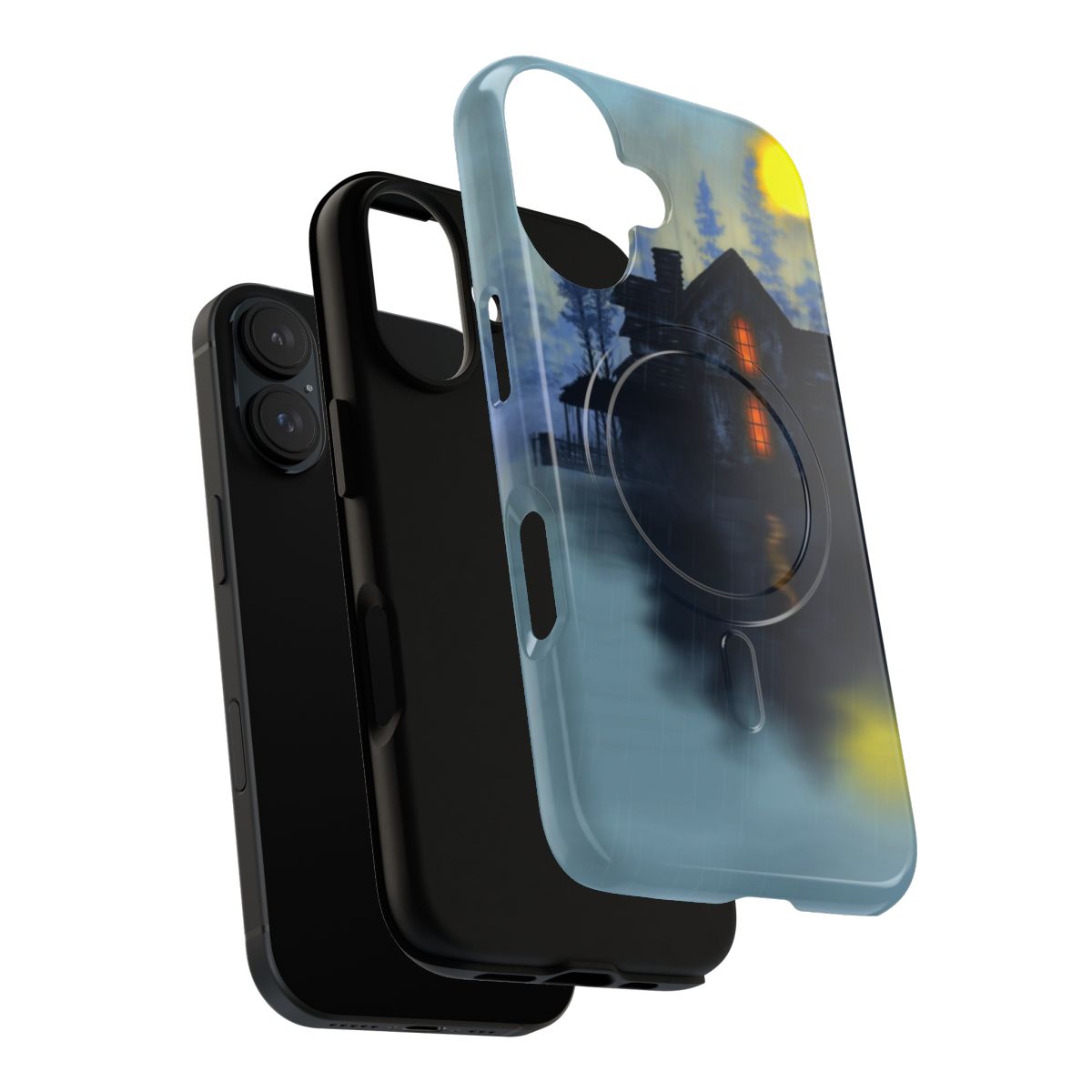 Haunting magnetic phone case featuring a dark, foggy haunted house image - Layers