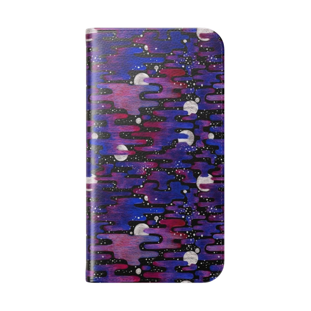 Flip phone case featuring a colorful cosmic pattern with planets, stars and galaxy elements. - Folded Back