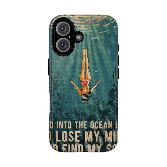 A magnetic phone case featuring a scenic ocean landscape with a girl in a swimsuit.