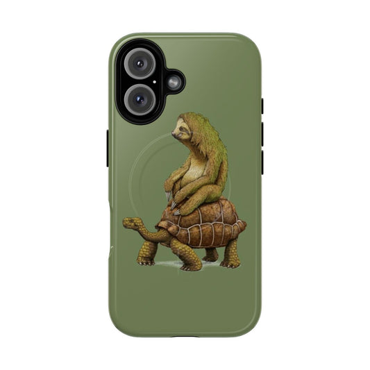 A phone case featuring a sloth riding a turtle in an earth-toned, nature-inspired design.