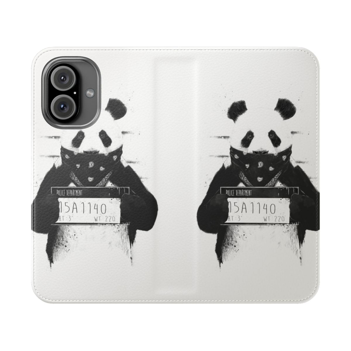 Panda phone case with a grunge, mugshot-style illustration