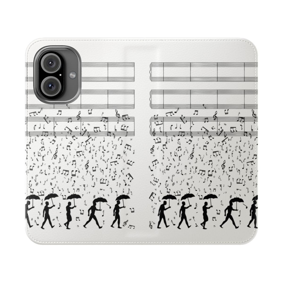 Flip cover phone case with a singing in the rain theme, featuring musical notes and a silhouette design.