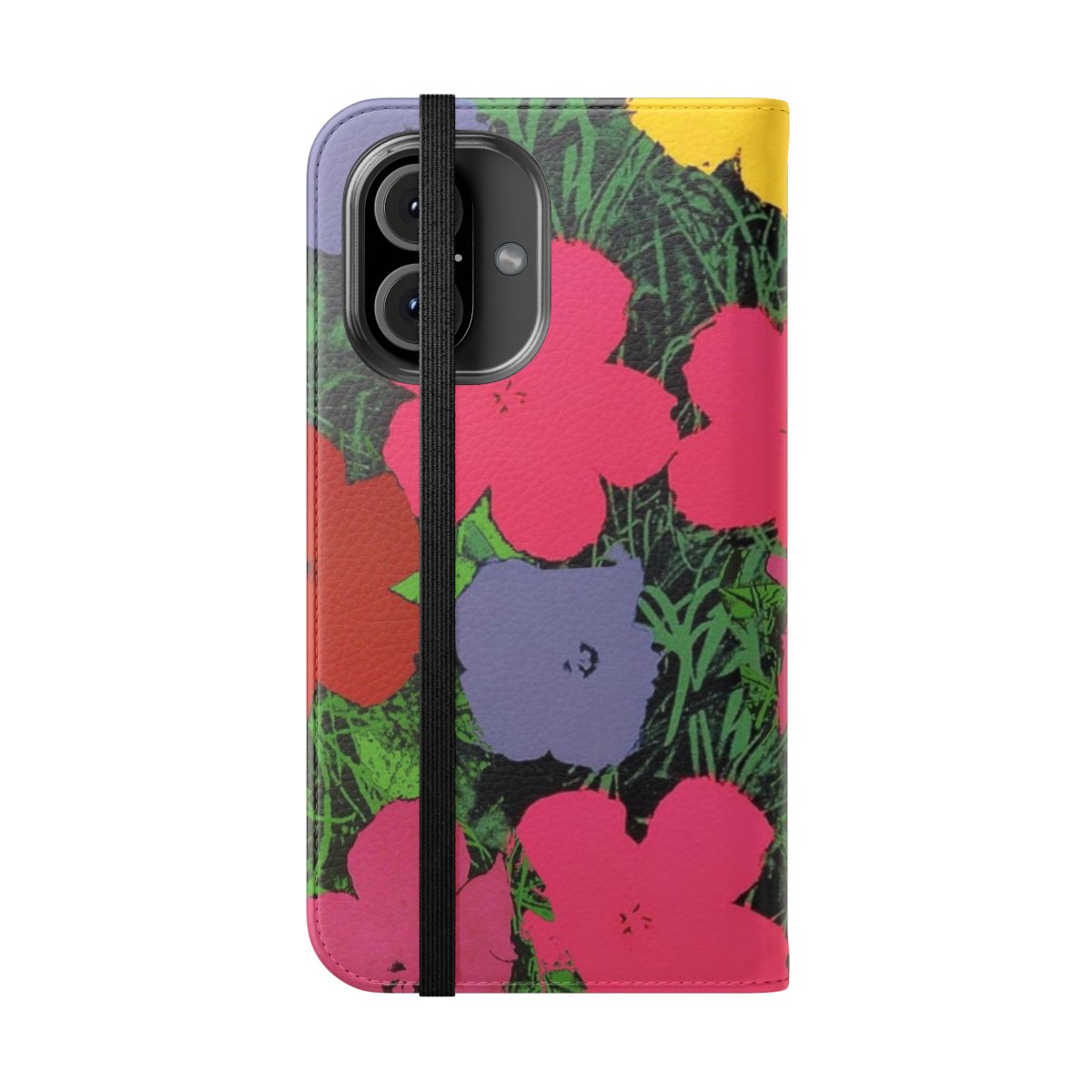 Vibrant and colorful phone case featuring a floral design inspired by the iconic pop art of Andy Warhol. - Folded Front