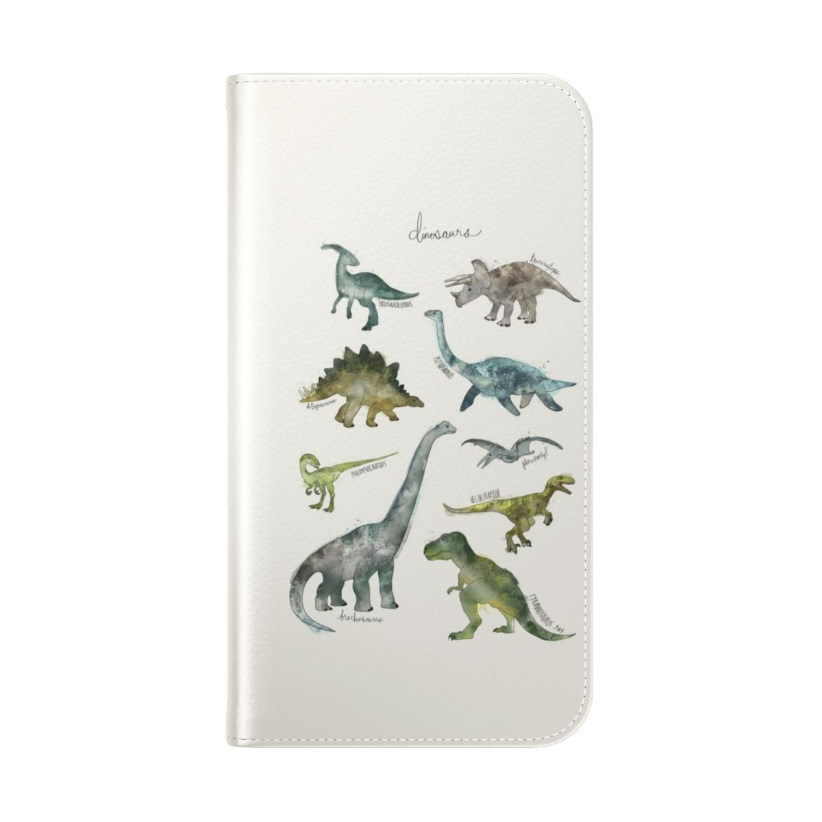 Flip phone case featuring a collage of various dinosaur illustrations and designs - Folded Back