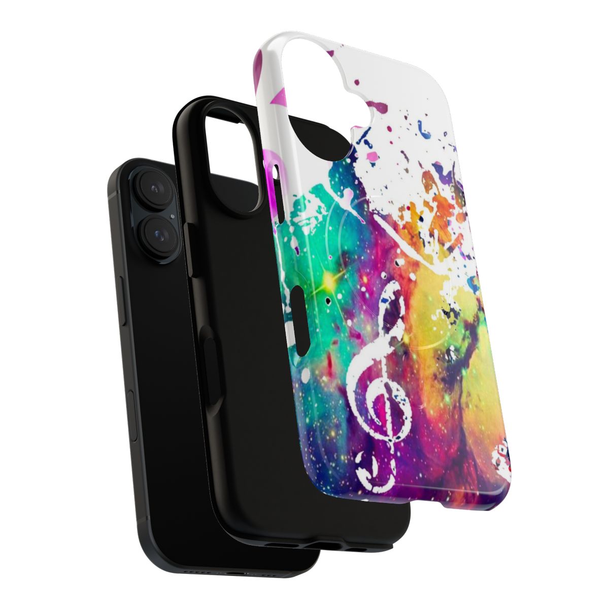 Colorful phone case with musical notes, clefs, and a starry galaxy design - Layers