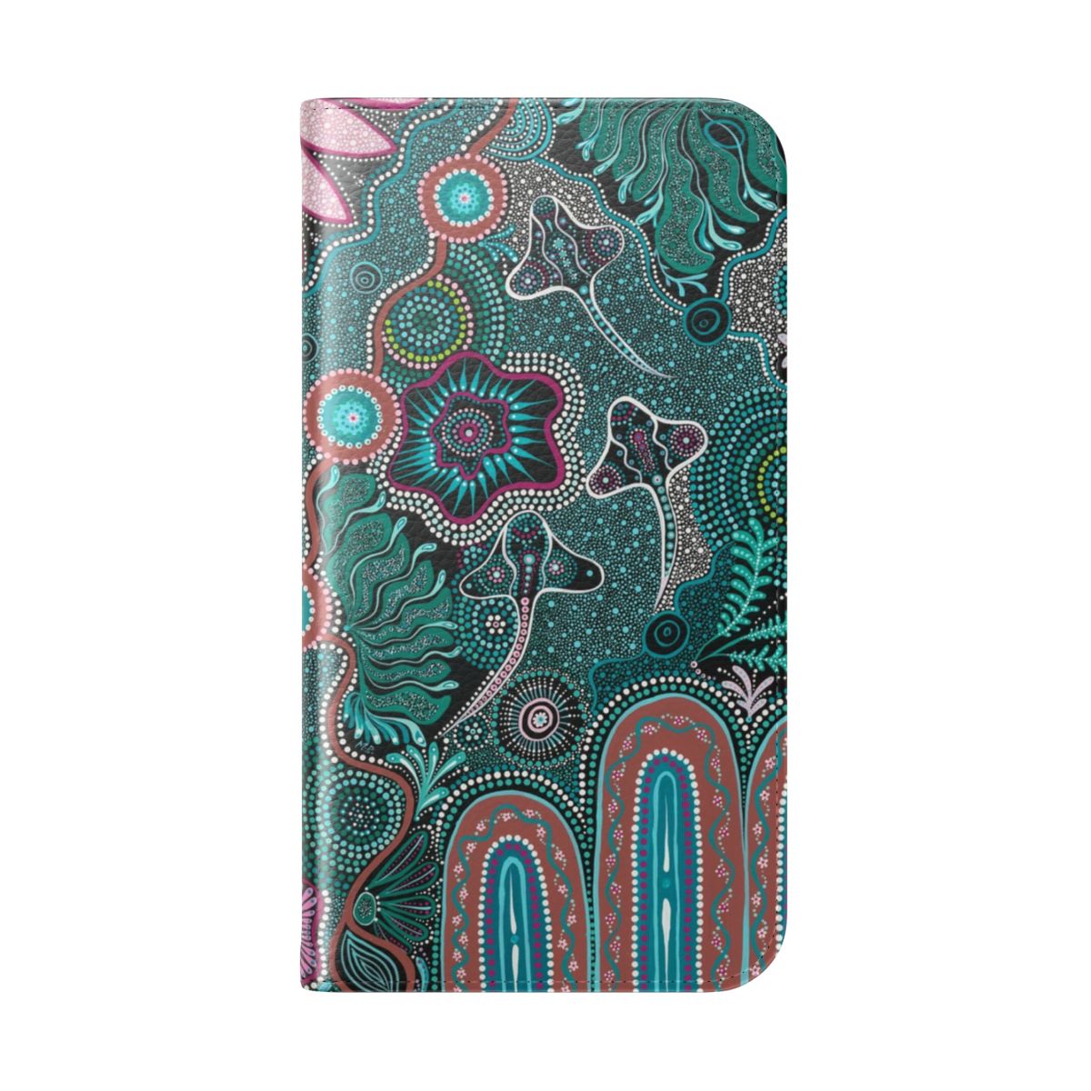 Colorful aboriginal dot art pattern on a magnetic flip phone case - Folded Back