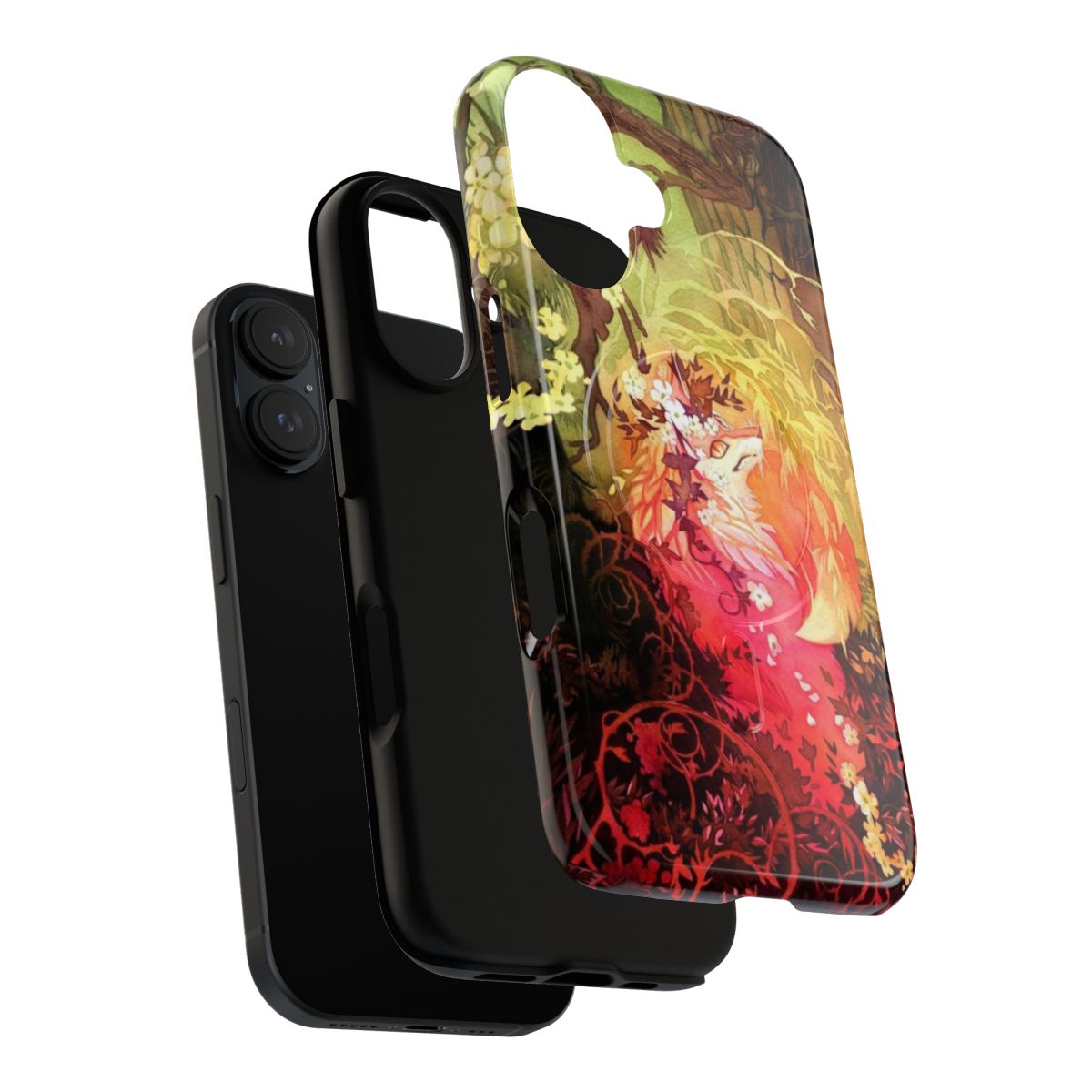 Artistic watercolor illustration of a fox in a floral forest setting on a phone case - Layers