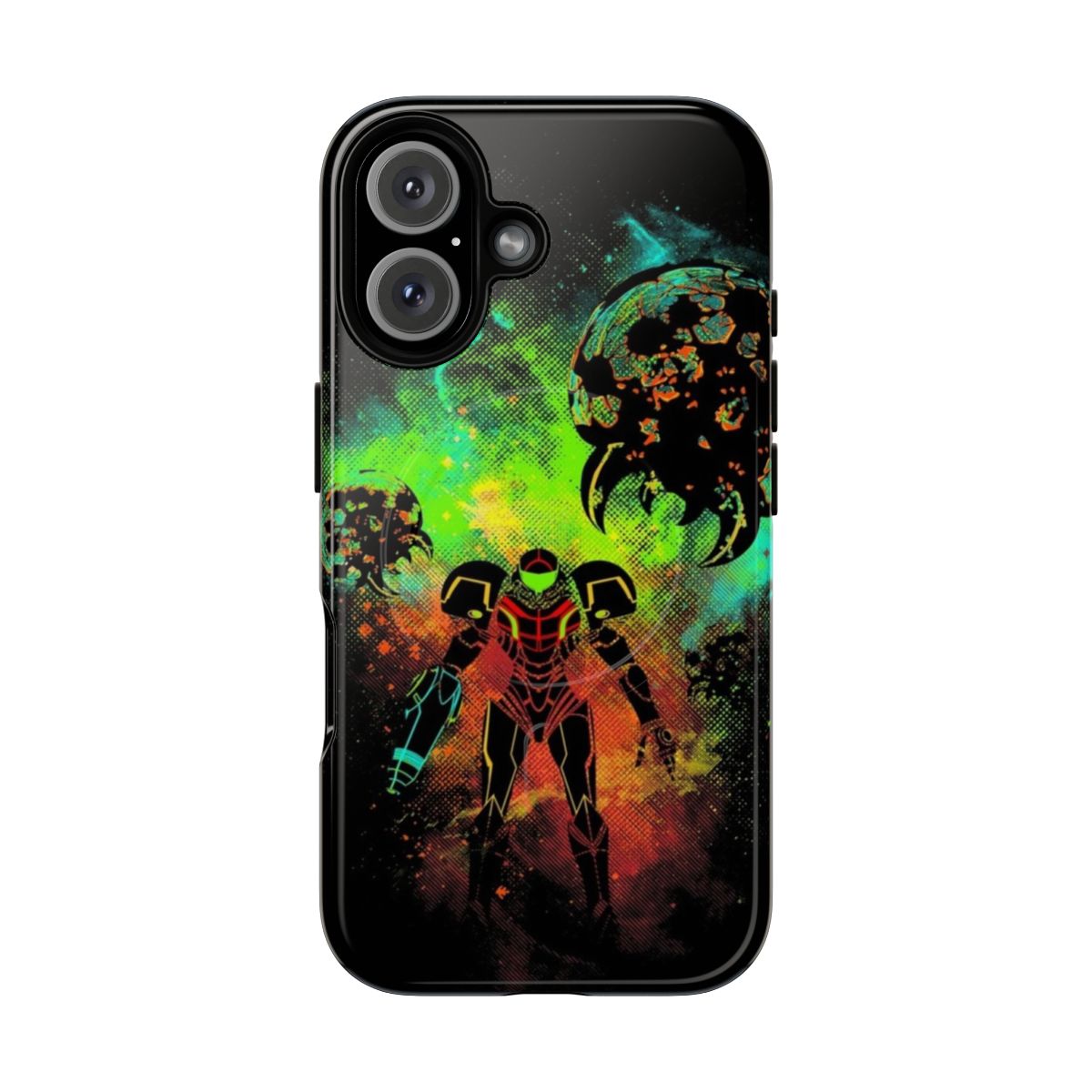 Space-themed phone case featuring a bounty hunter design, inspired by classic video game characters