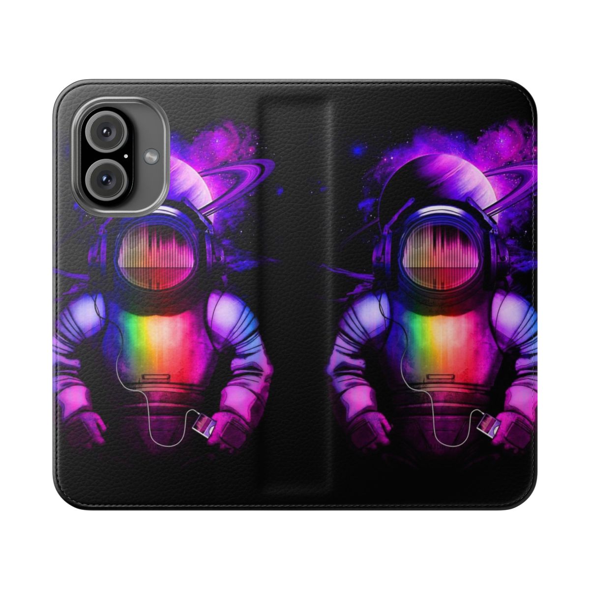 Flip cover phone case featuring a space and astronaut design with headphones and music notes.