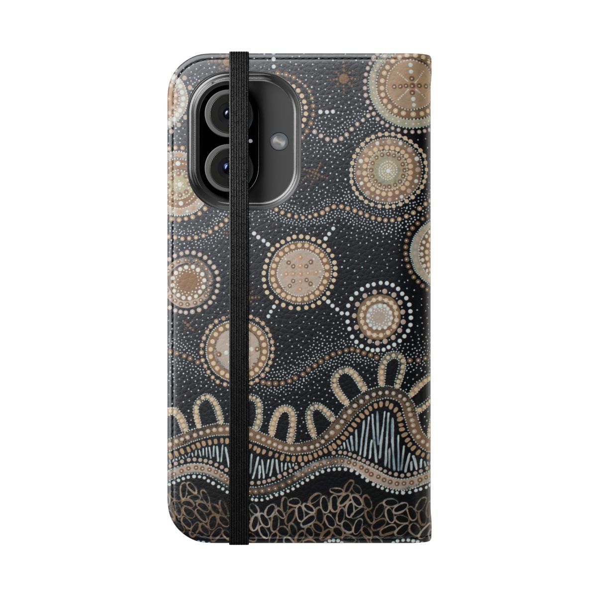 Aboriginal-inspired phone case featuring detailed, earthy-toned dot painting designs - Folded Front