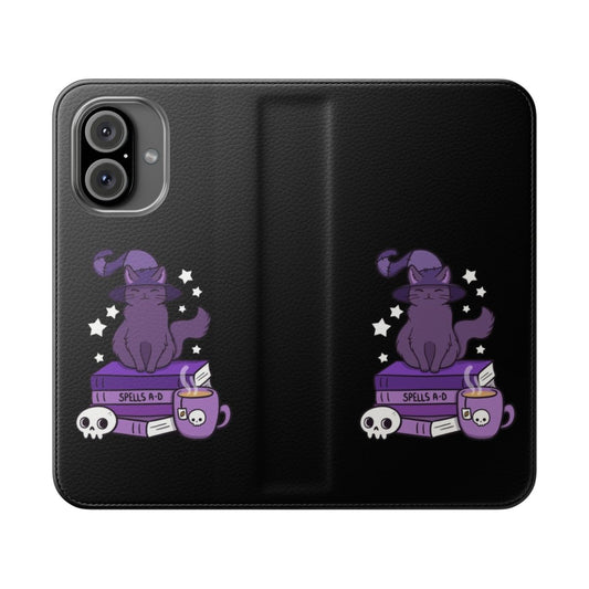 Feline Familiar Black Flip Cover Phone Case by Nikury featuring a cat, books, and occult elements.