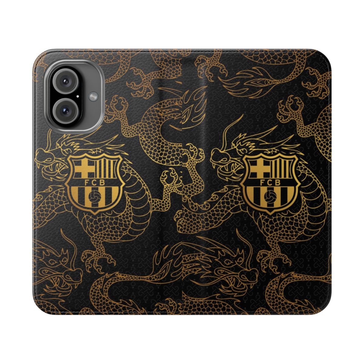 Barca-themed flip cover phone case with a sleek black and gold dragon design