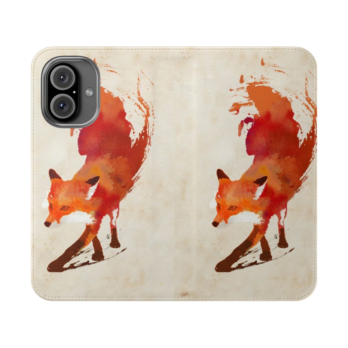 Watercolor illustration of a fox on a flip cover phone case