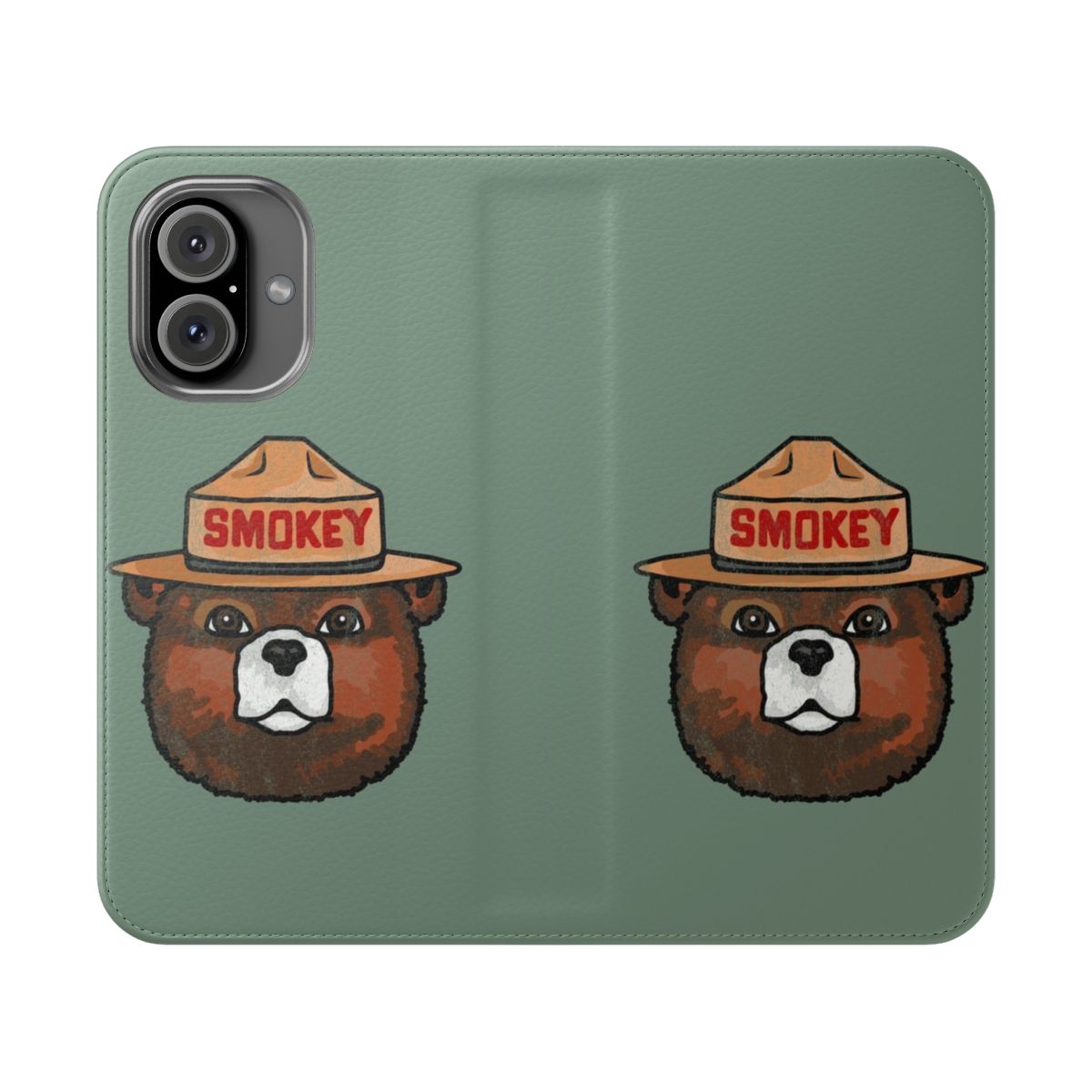 Distressed Smokey Bear-inspired artwork on a flip cover phone case