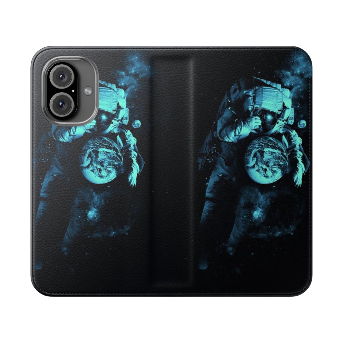 Flip cover phone case with a space themed design featuring an astronaut, planets, stars, and the cosmos.