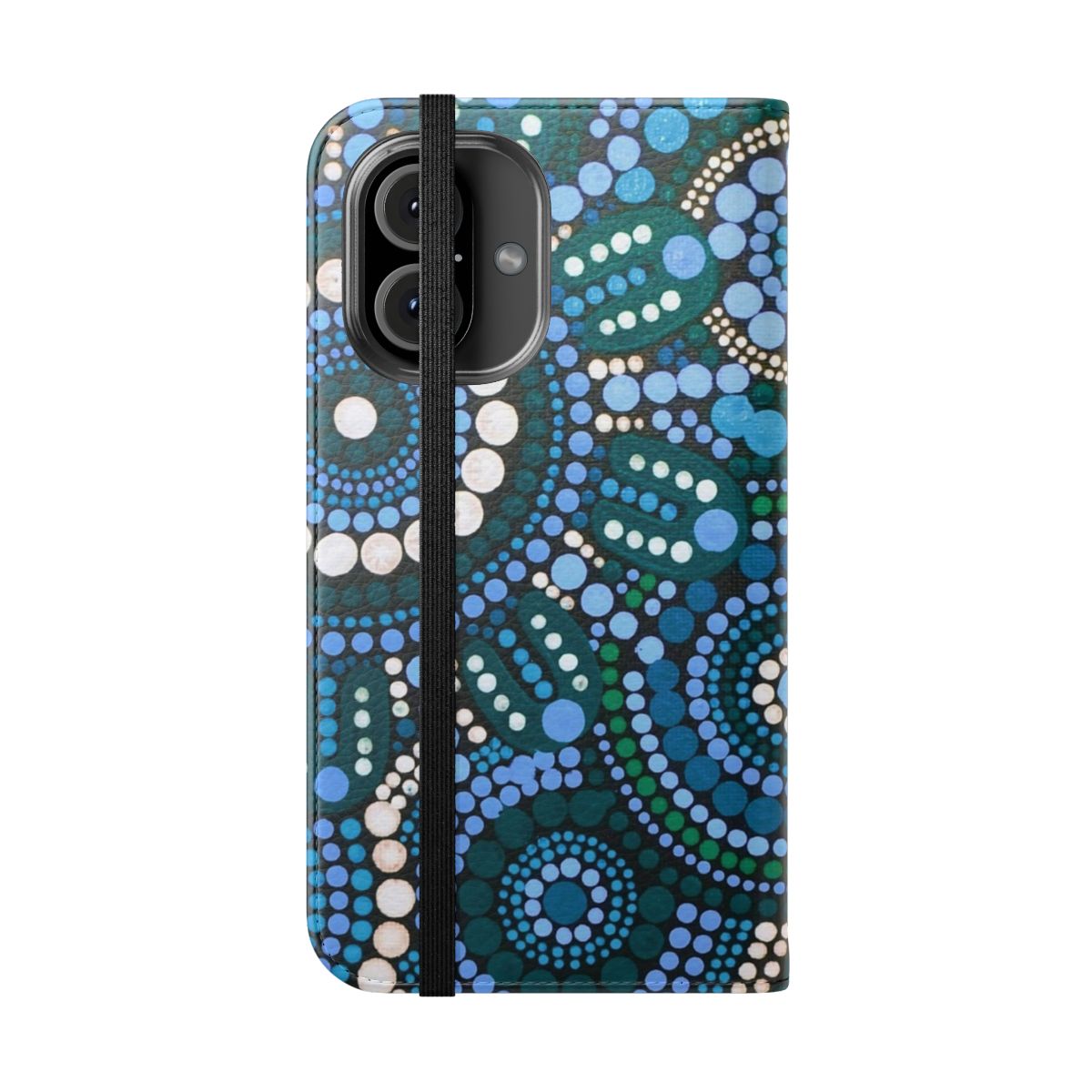 Turquoise blue patterned flip cover phone case inspired by Australian aboriginal art - Folded Front