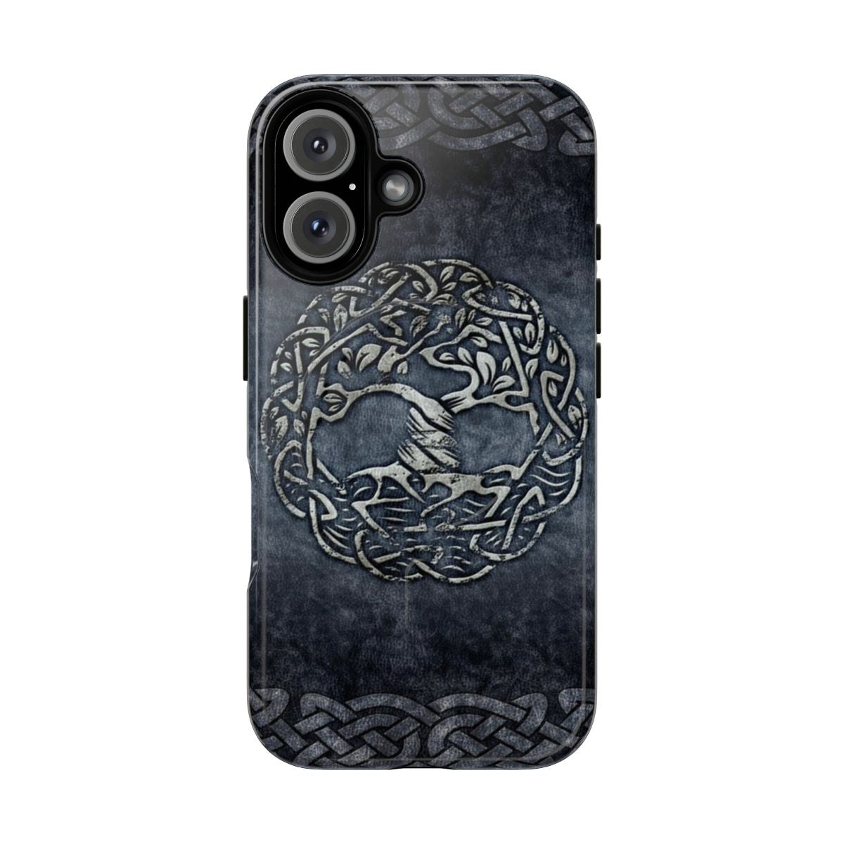 Grey leather phone case featuring a Celtic tree of life design