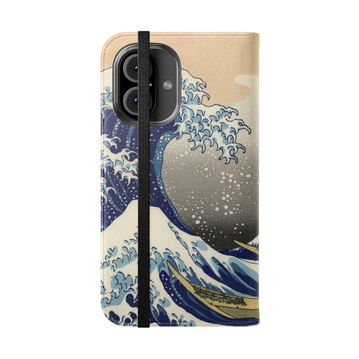 Stylish phone case featuring the iconic "The Great Wave off Kanagawa" artwork by the renowned Japanese artist Hokusai. - Folded Front