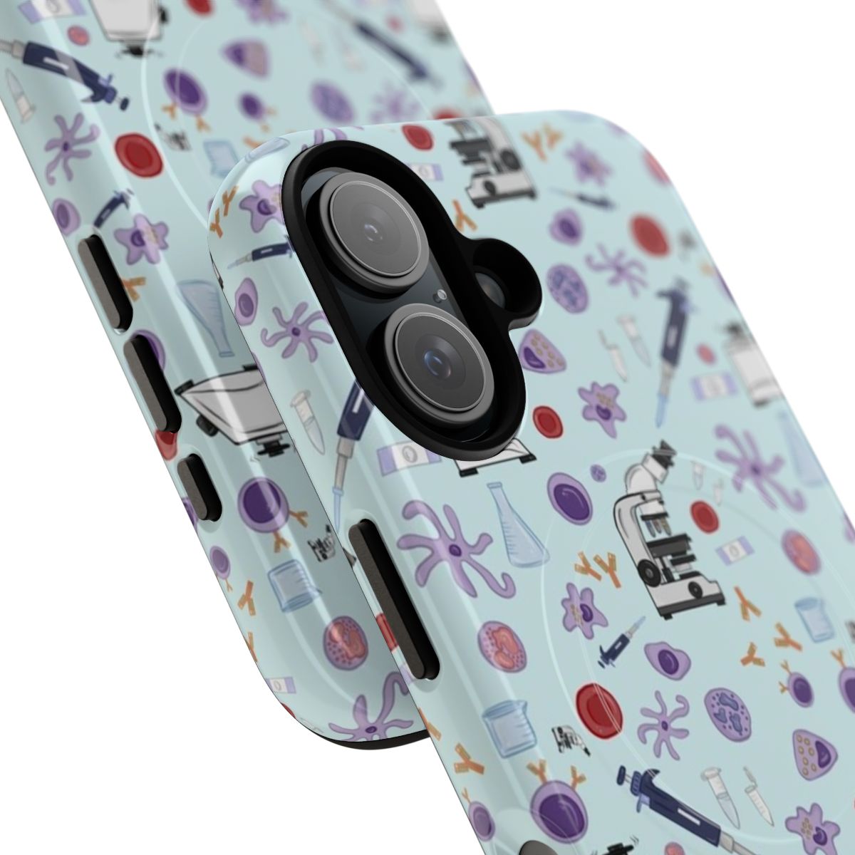 Phone case with science-themed design featuring microscopes, beakers, and blood cells - Detail