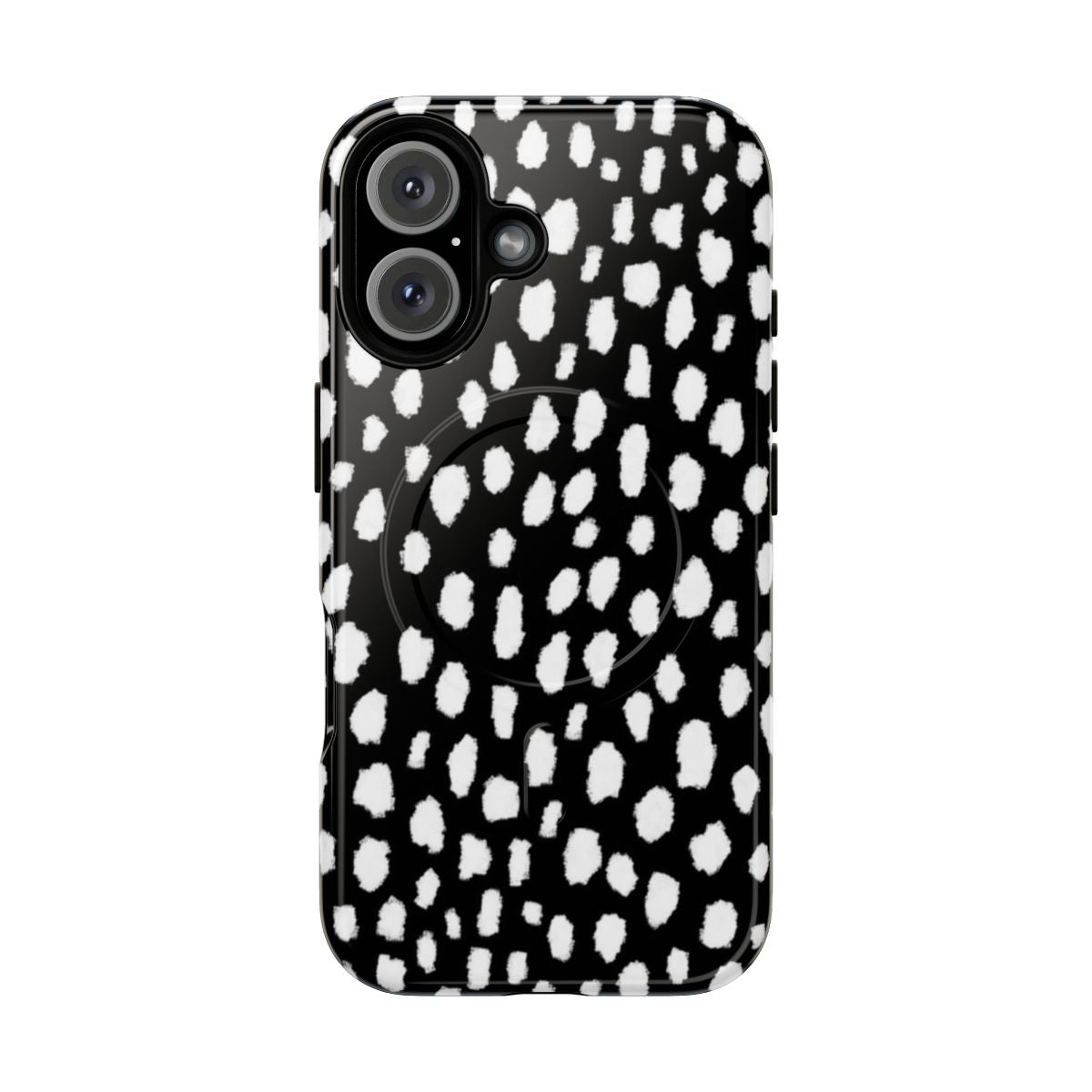 Handmade polka dot phone case with black and white brush stroke pattern, resembling a reverse dalmatian design.