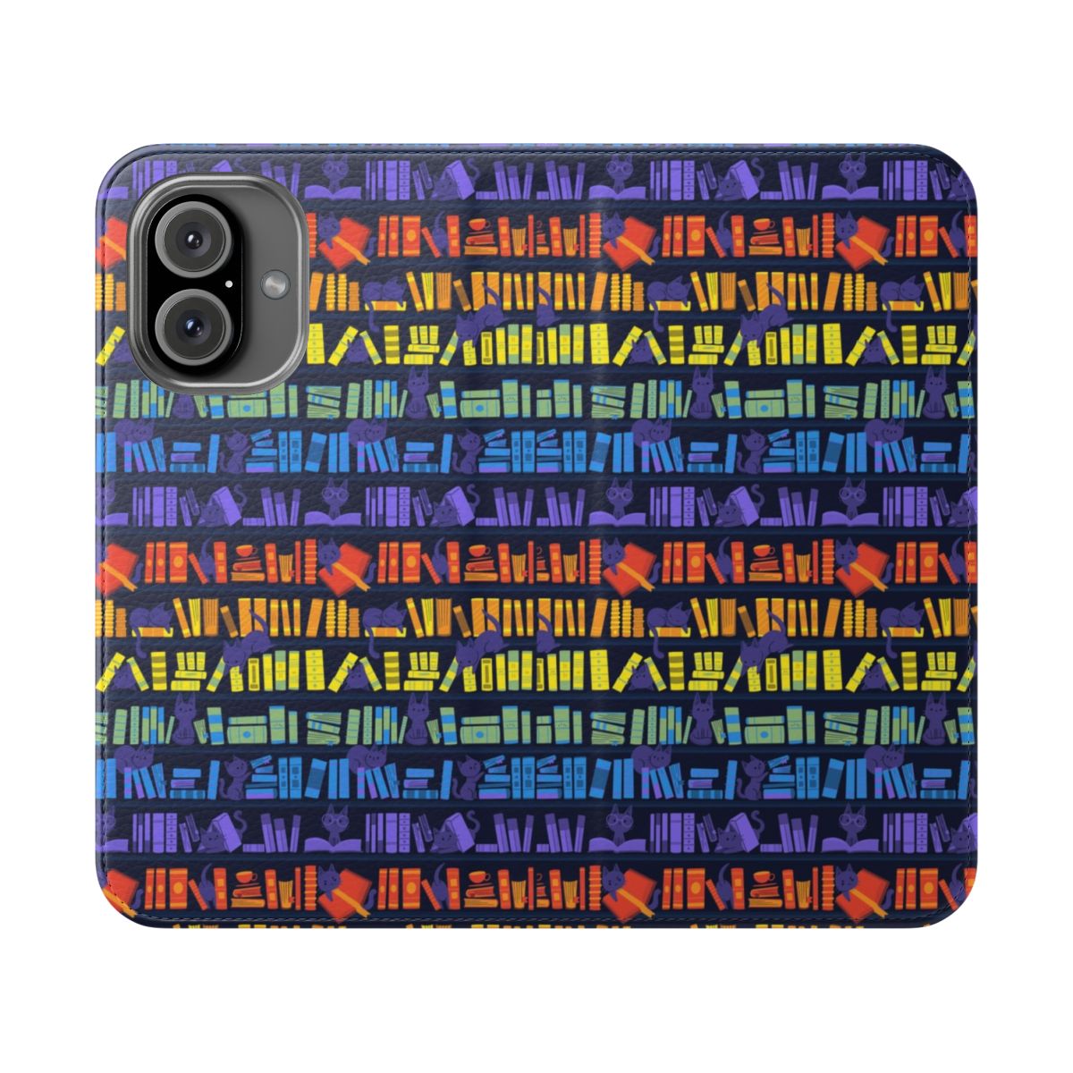 A colorful phone case featuring adorable kittens surrounded by books and a rainbow.