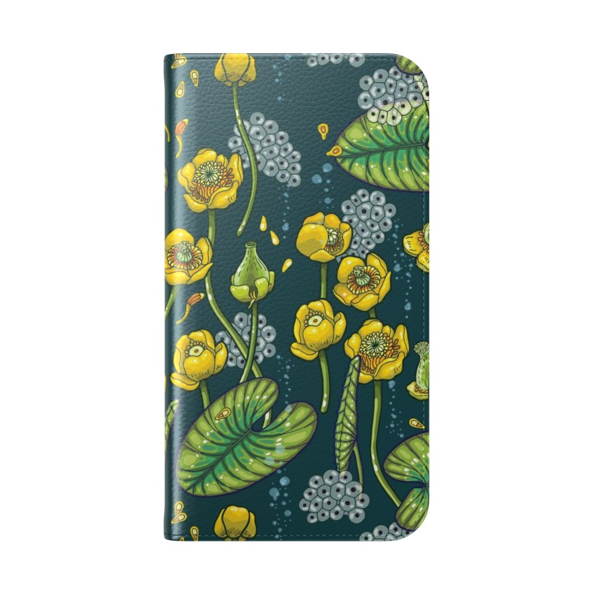 Flip cover phone case featuring a serene river scene with water lilies, tadpoles, and other aquatic life. - Folded Back