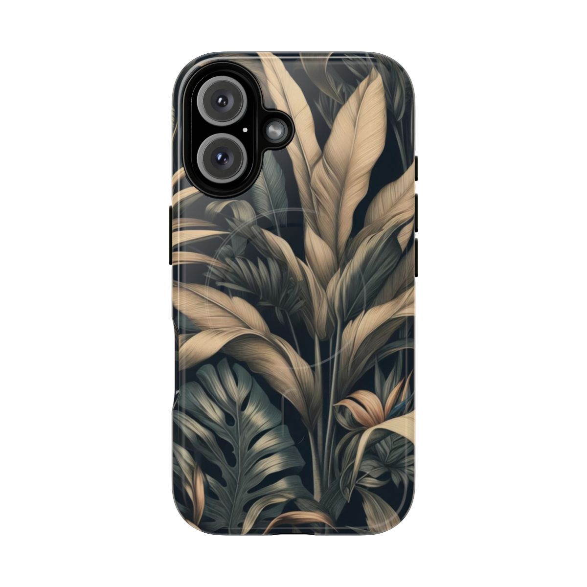 Vibrant green tropical leaves in muted colors on a magnetic phone case